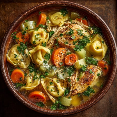 Bouillon de tortellini, légumes et poulet.