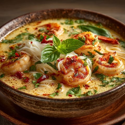 Bouillon de crevettes avec des herbes.