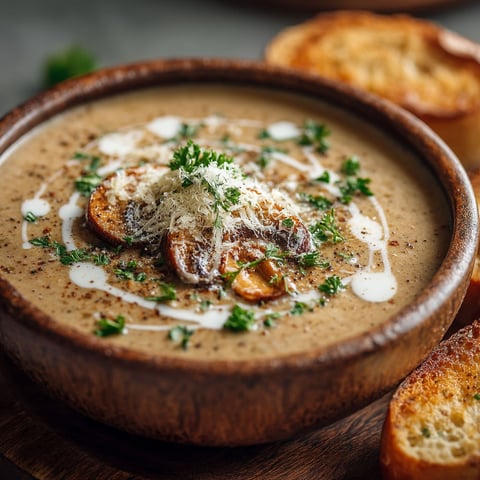 Une soupe de champignons au parmesan est servie dans un bol en terre.