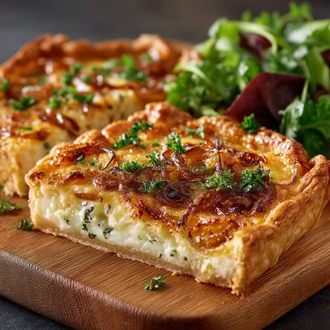 Une tarte rustique avec des oignons et de la raclette.