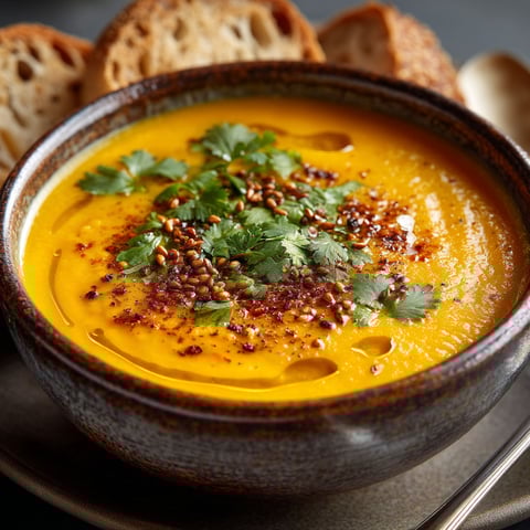 Une tasse de velouté de lentilles au cumin.