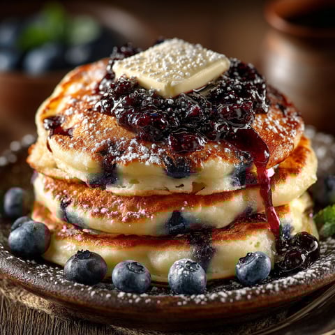 Pancakes with blueberries on top.