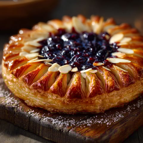 Une tarte soleil aux myrtilles sur une planche de bois.