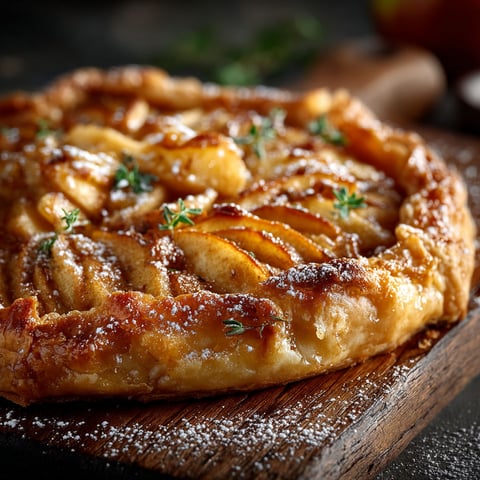 Une tarte rustique aux pommes sur une planche de bois.