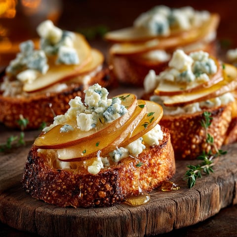 Crostini bleu, poire, miel & thym.