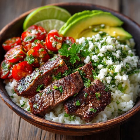 Steak, tomates, avocat et riz dans un bol.