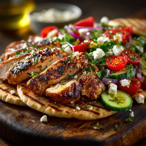 Poulet grillé avec une salade à la grecque et des pitas.