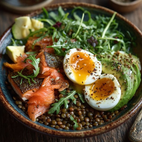 Un plat de salade composé de saumon fumé, lentilles et œufs.