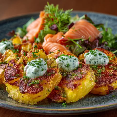 Une assiette de frites et de saumon fumé.