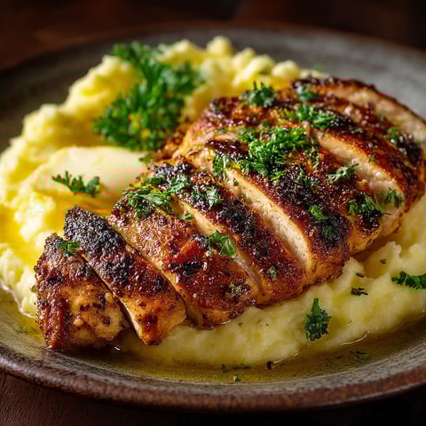 Un filet de poulet grillé avec une purée de pommes de terre.