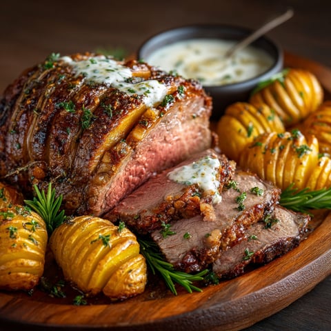 Un plat de rôti de bœuf et pommes de terre hasselback.