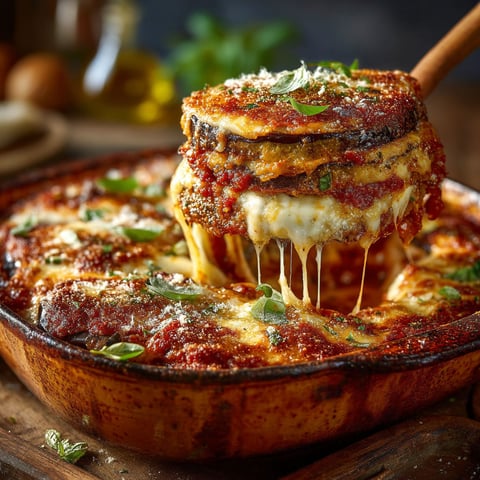 Une portion de lasagna à la parmigiana.