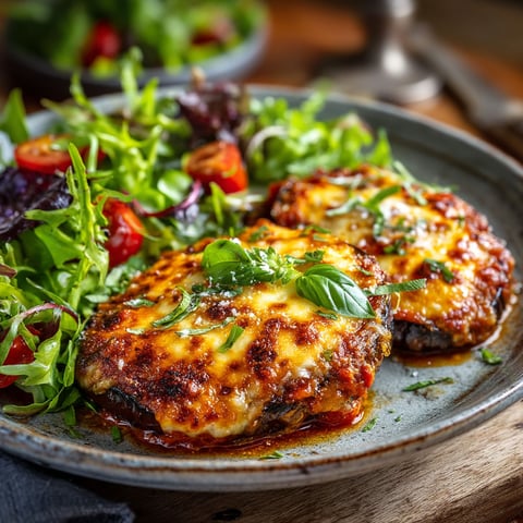 A plate of food with aubergines parma and salade.