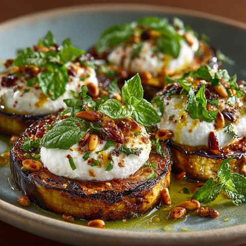 A plate of food with aubergines and burrata.