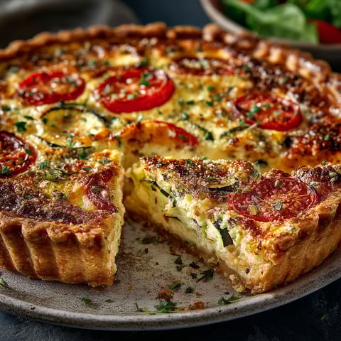 Une quiche aux tomates, courgettes et chèvre.