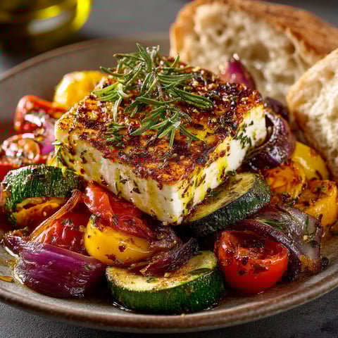 Une assiette de légumes grillés et de feta rôtie.