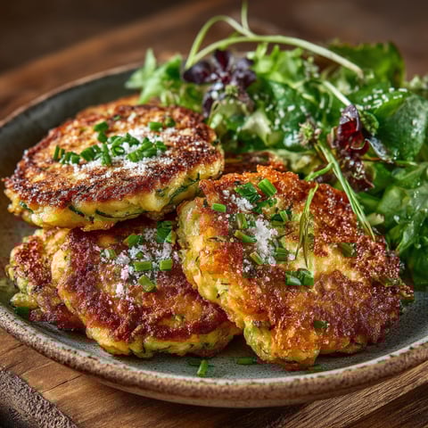 Pancakes de courgettes sur un plateau.