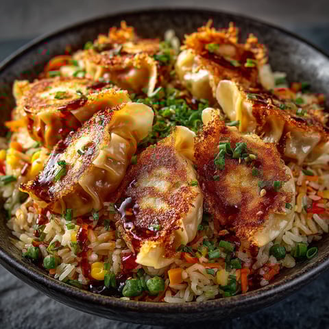 Gyoza et riz sauté aux légumes.