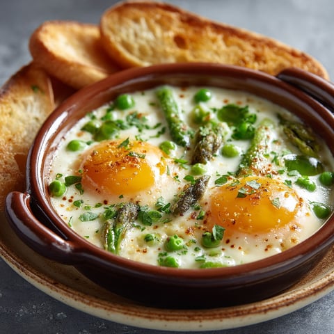 Une casserole d'œufs cocottes aux asperges et petits pois.
