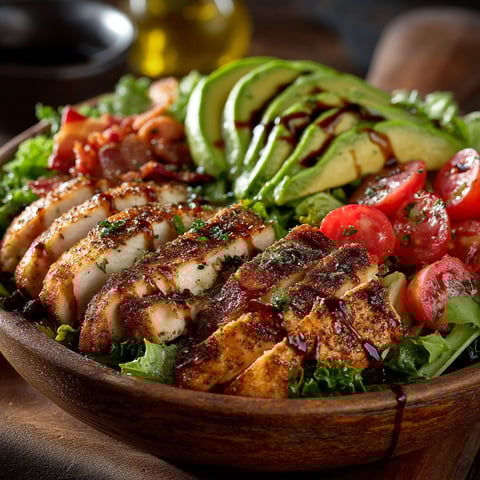 Salade de poulet, avocat et lard.