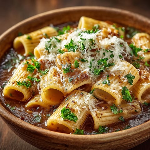 Une soupe à l'oignon avec des pâtes et des herbes.