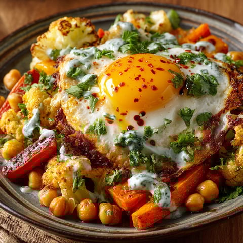 Une assiette de légumes d'automne au four, œuf au plat et sauce yaourt.