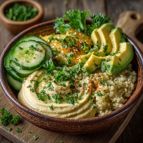 Un bol de quinoa et de houmous avec des légumes verts.
