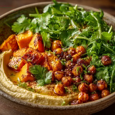Une assiette de houmous et légumes rôtis.