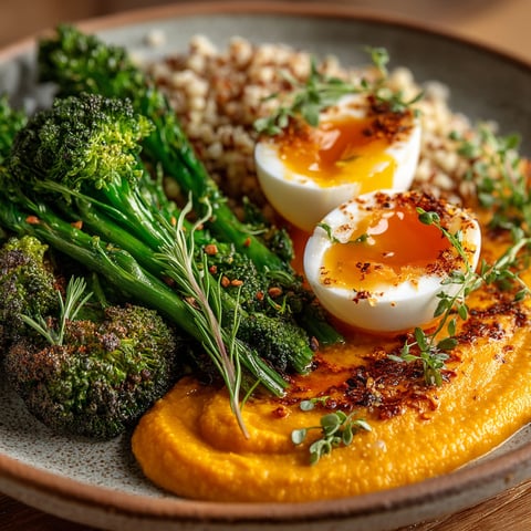 Une assiette de légumes et de œufs.