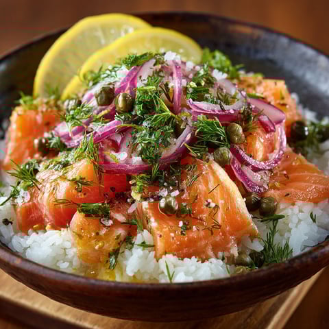 Sashimi bowl avec des légumes et des oignons.