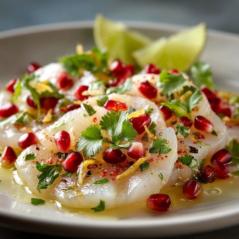 Carpaccio de cabillaud avec des tomates cerises.