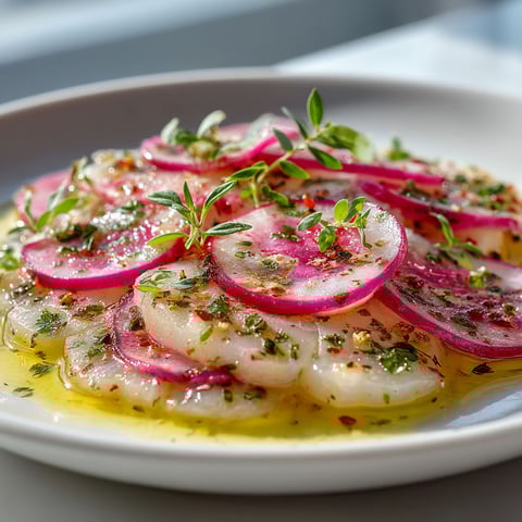 Carpaccio de radis et cabillaud.