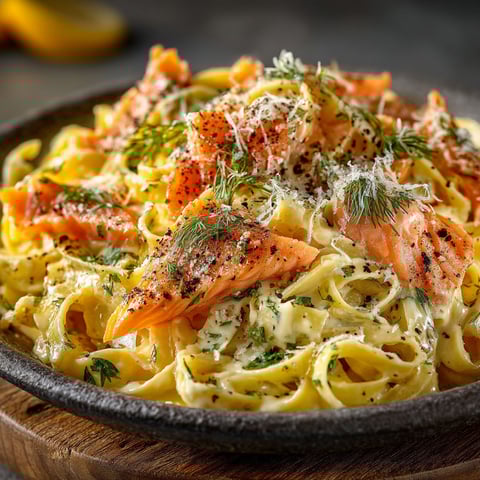 Une assiette de tagliatelle crémeuses avec du saumon et des citrons.