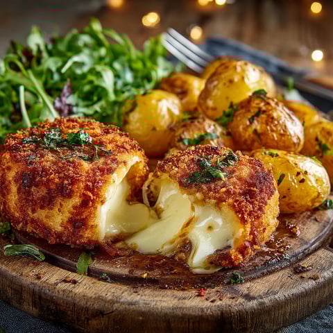 Une pâte de fromage pané avec des pommes grenailles.