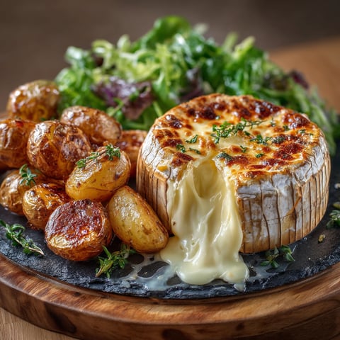 Une assiette de Mont d'Or et de pommes de terre rôtis au air-fryer.