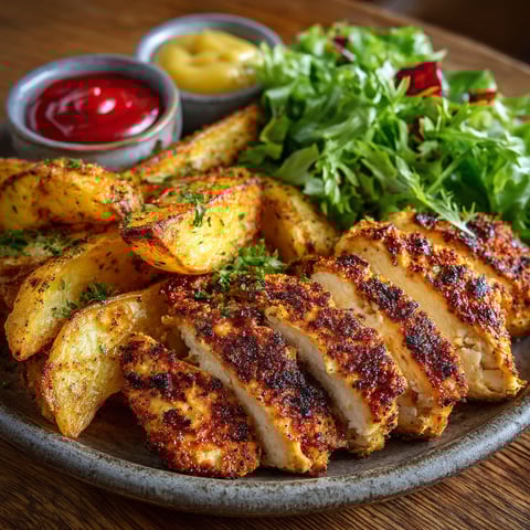 Poulet frit avec des pommes de terre et une salade.