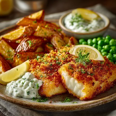 Plate of food with fish and chips.