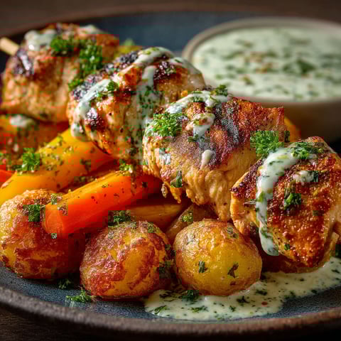 Brochettes de poulet et pommes noisettes au air-fryer.