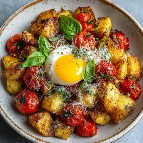 Une assiette de pommes de terre et d'œufs mollets.