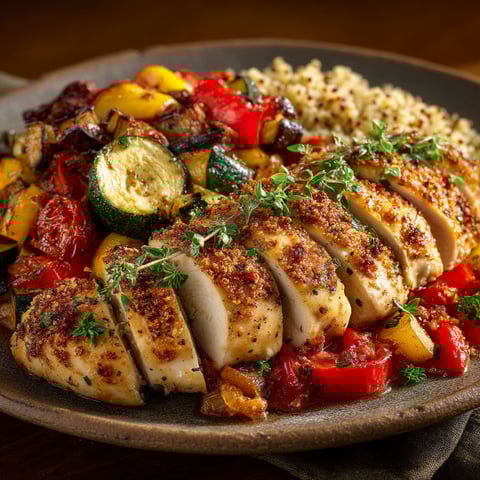 Poulet grillé avec ratatouille et légumes.