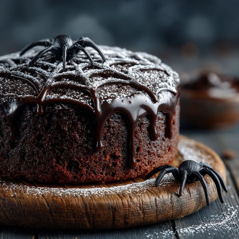 Une tarte au chocolat avec des toile d'araignée dessus.