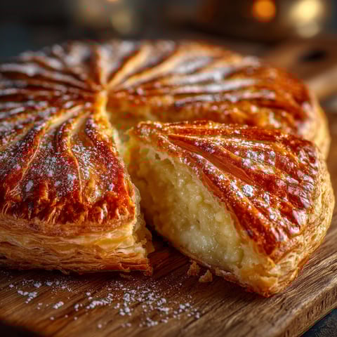 Une galette des rois maison est servie sur un plateau.