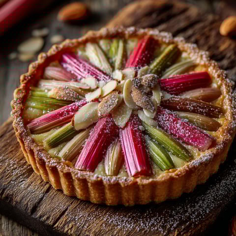 Une tarte amandine avec des rhubarbes.