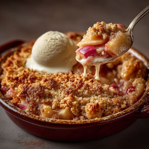 Une tasse de crumble pomme et rhubarbe.