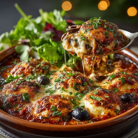 Quenelles gratinées à la sauce tomate & salade.