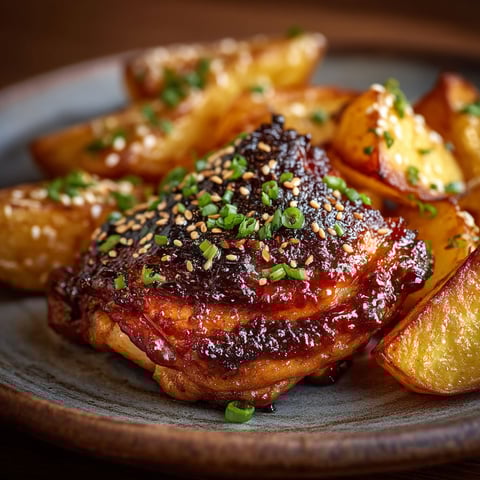 Une cuisse de poulet teriyaki avec des pommes de terre.