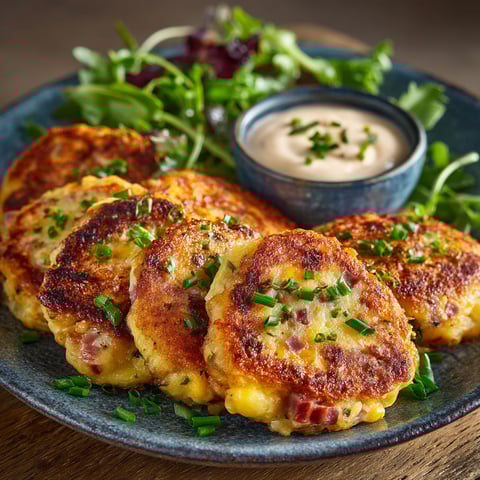 Une galette de maïs, jambon et cheddar sur un plateau.