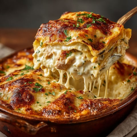 Lasagnes au poulet, courgettes & reblochon.