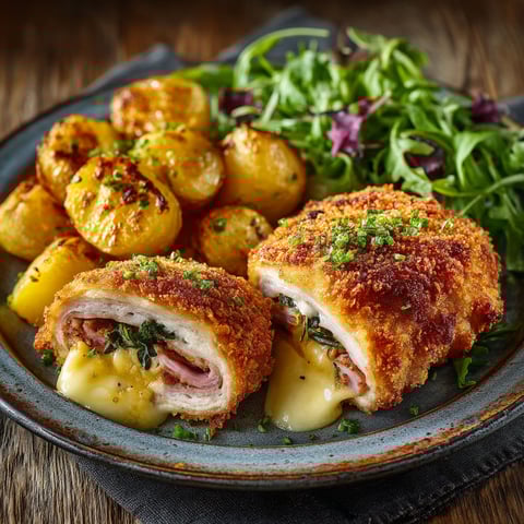 Une assiette de cordon bleu au reblochon, pommes rissolées et salade.