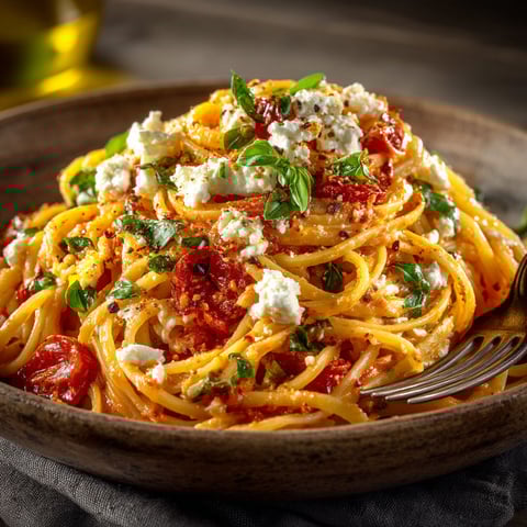 Linguine crémeuses sauce tomate & chèvre frais.